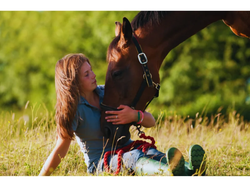 Girl seating hugging horse